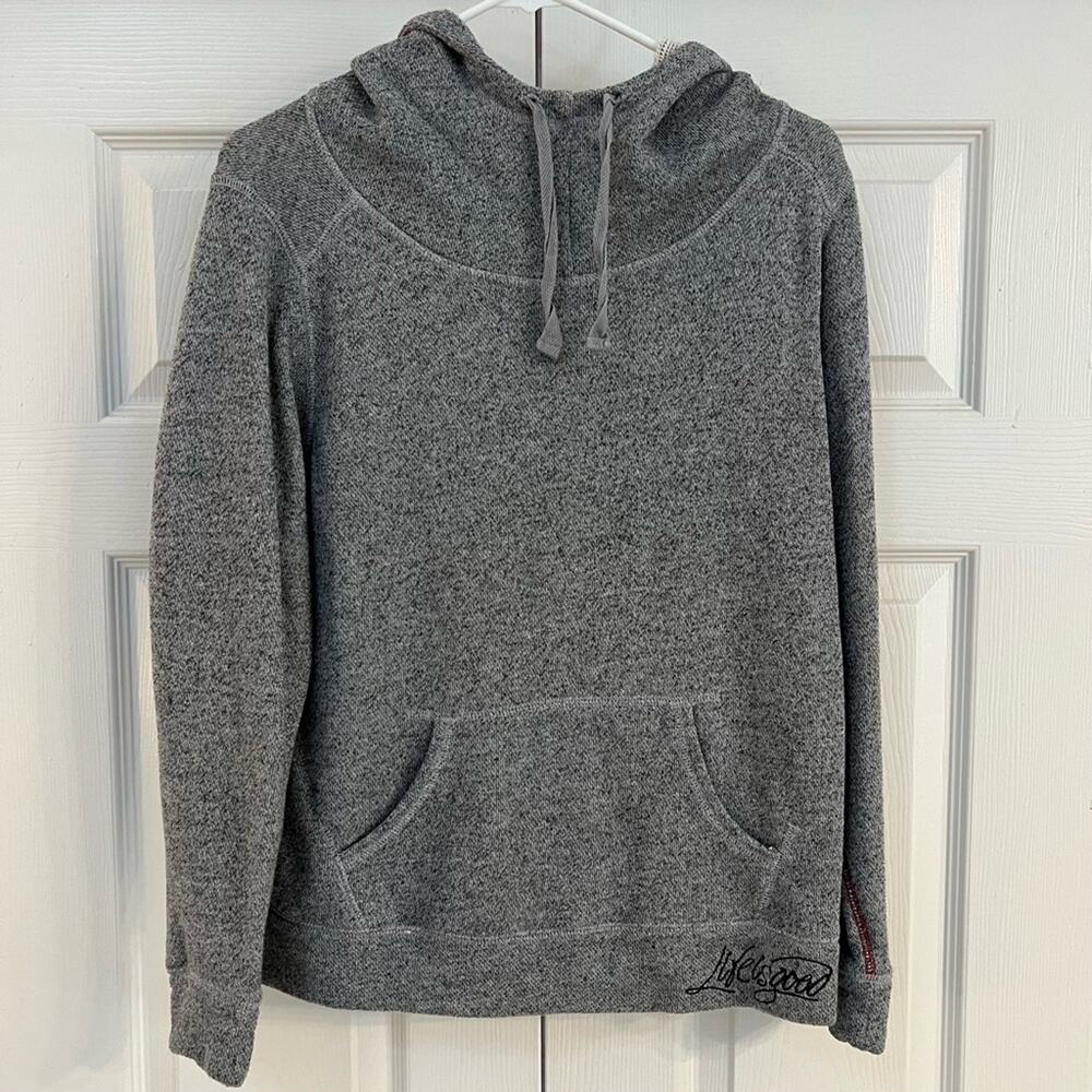 Life‎ is Good Mock Neck Draw String Hoodie Sweatshirt Heather Gray